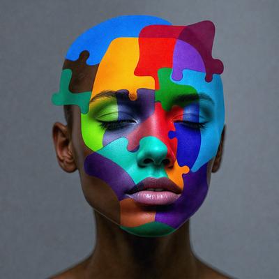 The primary subject of the image is a woman with a colorful face painted with various colors. The setting is a gray background, which contrasts with the vibrant colors of the face paint. The visual style is a combination of photo and digital art, creating a unique and eye-catching portrait. The colors and mood of the image are lively and energetic, with the woman's face being the focal point of the composition.